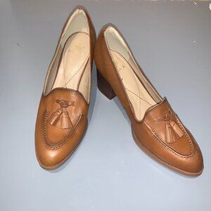 Isola 10 Tassel Detail Block Heel Brown Leather Loafer Pump Preppy Casual Office